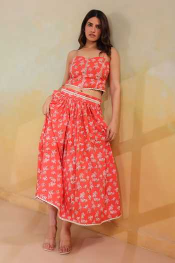 Buy_Anshu Wadhwa_Orange Cotton Sweetheart Neck Floral Print Top And Long Skirt Co-ord Set 