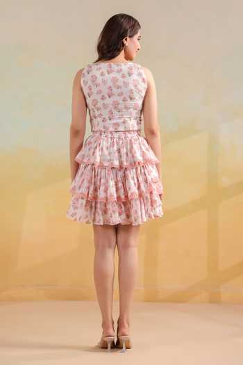 Anshu Wadhwa Floral Print Top & Layered Short Skirt Co-ord Set 