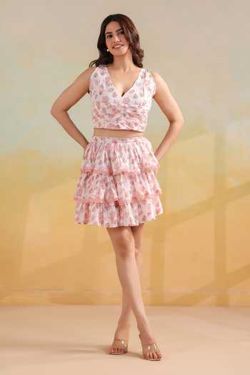 Anshu Wadhwa Floral Print Top & Layered Short Skirt Co-ord Set 
