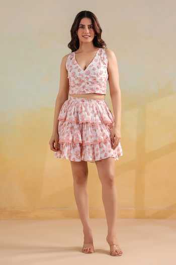 Buy_Anshu Wadhwa_Pink Cotton V-neck Floral Print Top And Layered Short Skirt Co-ord Set _Online_at_Aza_Fashions