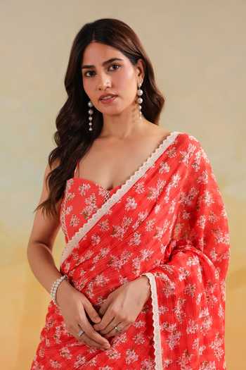 Anshu Wadhwa_Orange Cotton Floral Print Saree With Unstitched Blouse Piece _Online_at_Aza_Fashions