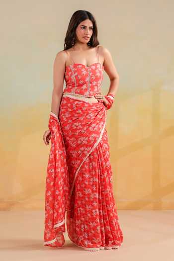 Shop_Anshu Wadhwa_Orange Cotton Floral Print Saree With Unstitched Blouse Piece _Online_at_Aza_Fashions
