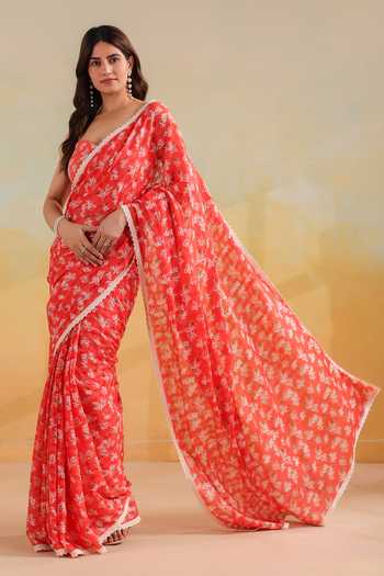 Anshu Wadhwa_Orange Cotton Floral Print Saree With Unstitched Blouse Piece _at_Aza_Fashions