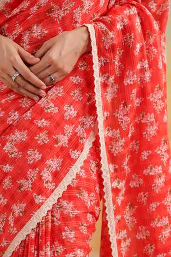 Anshu Wadhwa_Coral Cotton Sweetheart Neck Print Saree With Corset _Online_at_Aza_Fashions