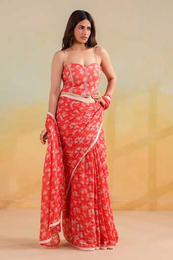 Buy_Anshu Wadhwa_Coral Cotton Sweetheart Neck Print Saree With Corset _Online_at_Aza_Fashions