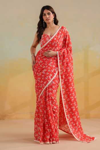 Shop_Anshu Wadhwa_Coral Cotton Sweetheart Neck Print Saree With Corset _Online_at_Aza_Fashions