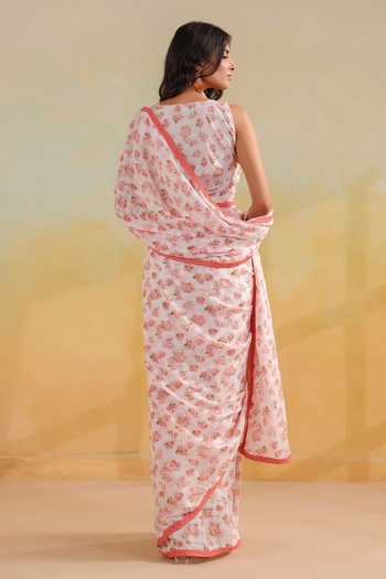 Anshu Wadhwa Floral Print Cotton Saree With Unstitched Blouse Piece 