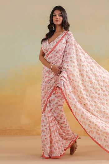 Shop_Anshu Wadhwa_Pink Cotton Floral Print Saree With Unstitched Blouse Piece _Online_at_Aza_Fashions