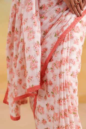 Shop_Anshu Wadhwa_Pink Cotton Floral Print Saree With Unstitched Blouse Piece 
