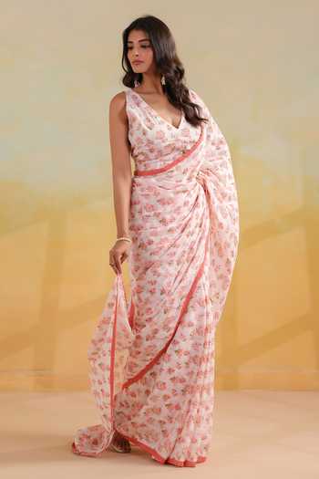 Anshu Wadhwa_Pink Cotton V-neck Floral Print Saree With Corset _Online_at_Aza_Fashions