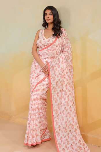 Buy_Anshu Wadhwa_Pink Cotton V-neck Floral Print Saree With Corset 