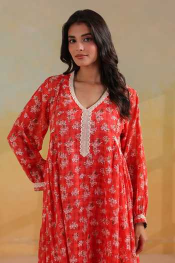 Shop_Anshu Wadhwa_Orange Cotton V-neck, Yes Printed Gathered Kurta And Pant Set _Online_at_Aza_Fashions