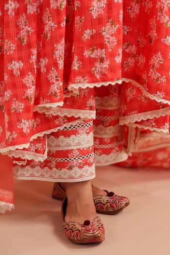 Anshu Wadhwa_Orange Cotton V-neck, Yes Printed Gathered Kurta And Pant Set _at_Aza_Fashions