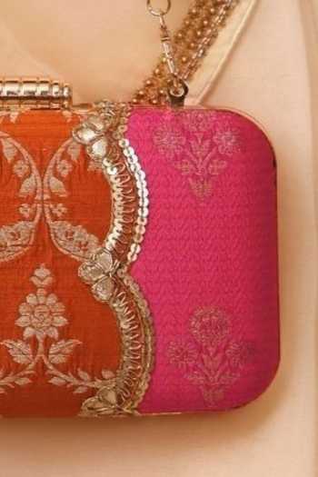 Shop Amyra Multi Color Bahaar Scallop Embellished Pure Silk Box Clutch Online at Aza Fashions Shop_Amyra_Multi Color Bahaar Scallop Embellished Pure Silk Box Clutch _Online_at_Aza_Fashions