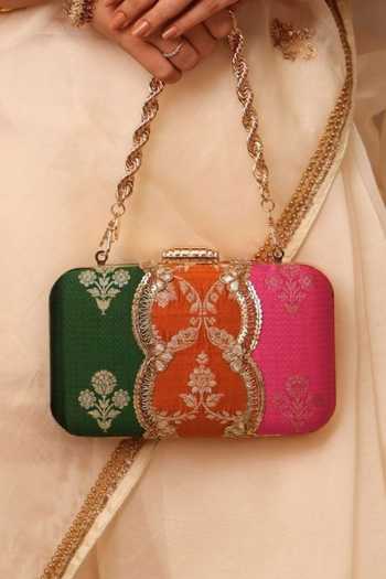 Amyra Bahaar Scallop Embellished Pure Silk Box Clutch