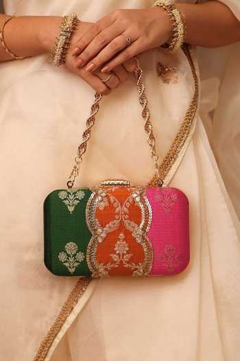 Amyra Bahaar Scallop Embellished Pure Silk Box Clutch
