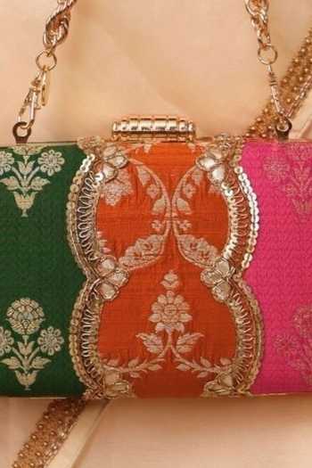 Buy Amyra Multi Color Bahaar Scallop Embellished Pure Silk Box Clutch Buy_Amyra_Multi Color Bahaar Scallop Embellished Pure Silk Box Clutch