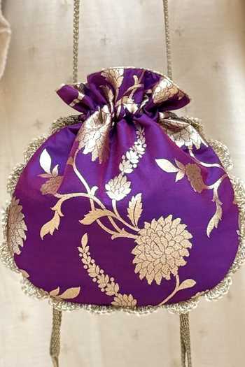 Amyra Purple Beads, Pearls, Zari, Tassels, Lace Satrangi Banarasi Woven Potli at Aza Fashions Amyra_Purple Beads, Pearls, Zari, Tassels, Lace Satrangi Banarasi Woven Potli _at_Aza_Fashions