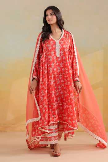 Buy_Anshu Wadhwa_Orange Cotton V-neck, Yes Printed Gathered Kurta And Pant Set 