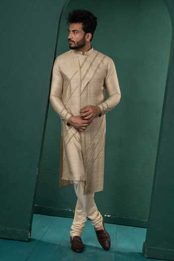 Shop POONAM KASERA Beige Silk, Dupion Diagonal Pintucks Kurta Set Shop_POONAM KASERA_Beige Silk, Dupion Diagonal Pintucks Kurta Set
