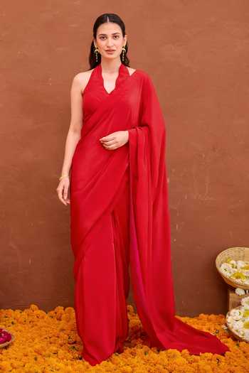 Taro Red Silk, Satin Halter Neck Aarza Pre-draped Saree With Sleeveless Blouse Online at Aza Fashions Taro_Red Silk, Satin Halter Neck Aarza Pre-draped Saree With Sleeveless Blouse _Online_at_Aza_Fashions