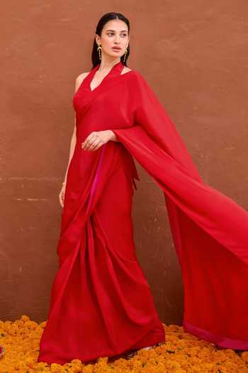Shop Taro Red Silk, Satin Halter Neck Aarza Pre-draped Saree With Sleeveless Blouse Online at Aza Fashions Shop_Taro_Red Silk, Satin Halter Neck Aarza Pre-draped Saree With Sleeveless Blouse _Online_at_Aza_Fashions