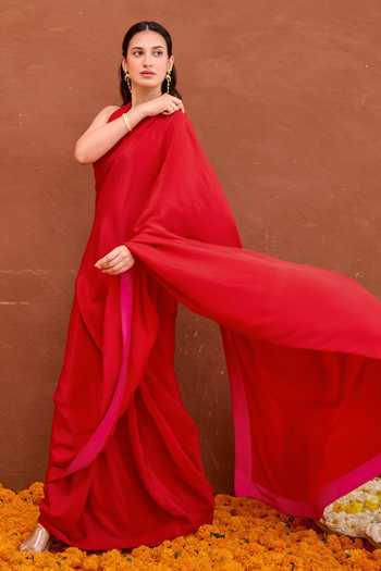 Taro Red Silk, Satin Halter Neck Aarza Pre-draped Saree With Sleeveless Blouse at Aza Fashions Taro_Red Silk, Satin Halter Neck Aarza Pre-draped Saree With Sleeveless Blouse _at_Aza_Fashions