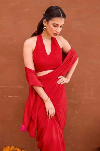 Shop Taro Red Silk, Satin Halter Neck Aarza Pre-draped Saree With Sleeveless Blouse Shop_Taro_Red Silk, Satin Halter Neck Aarza Pre-draped Saree With Sleeveless Blouse