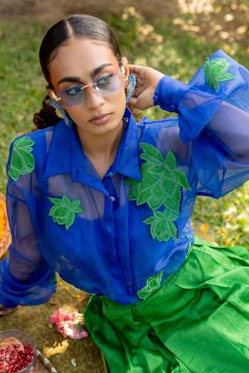 Chambray & Co. Blue Silk, Cotton, Organza, Chanderi Amelia Patchwork Shirt And Pleated Skirt Set Online at Aza Fashions Chambray & Co._Blue Silk, Cotton, Organza, Chanderi Amelia Patchwork Shirt And Pleated Skirt Set _Online_at_Aza_Fashions
