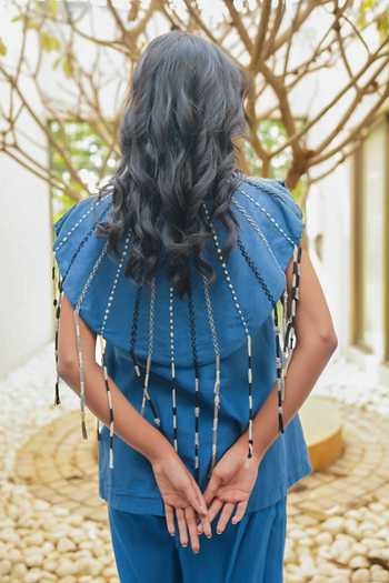 Shop Chambray & Co. Blue Silk, Cotton, Chanderi High Neck, Round Raya Embroidered Cape And Pant Set Online at Aza Fashions Shop_Chambray & Co._Blue Silk, Cotton, Chanderi High Neck, Round Raya Embroidered Cape And Pant Set _Online_at_Aza_Fashions