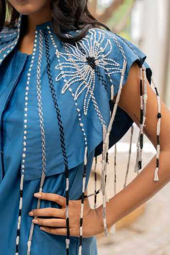 Chambray & Co. Blue Silk, Cotton, Chanderi High Neck, Round Raya Embroidered Cape And Pant Set at Aza Fashions Chambray & Co._Blue Silk, Cotton, Chanderi High Neck, Round Raya Embroidered Cape And Pant Set _at_Aza_Fashions