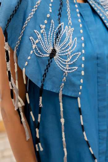 Buy Chambray & Co. Blue Silk, Cotton, Chanderi High Neck, Round Raya Embroidered Cape And Pant Set Buy_Chambray & Co._Blue Silk, Cotton, Chanderi High Neck, Round Raya Embroidered Cape And Pant Set