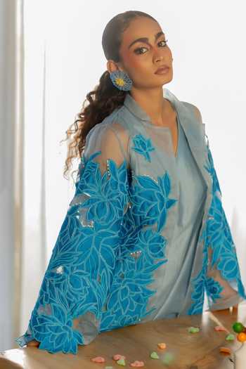 Chambray & Co. Sky Blue Silk, Organza, Chanderi Collared Alia Patchwork Jacket And Dress Set Online at Aza Fashions Chambray & Co._Sky Blue Silk, Organza, Chanderi Collared Alia Patchwork Jacket And Dress Set _Online_at_Aza_Fashions