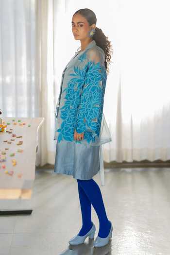 Shop Chambray & Co. Sky Blue Silk, Organza, Chanderi Collared Alia Patchwork Jacket And Dress Set at Aza Fashions Shop_Chambray & Co._Sky Blue Silk, Organza, Chanderi Collared Alia Patchwork Jacket And Dress Set _at_Aza_Fashions