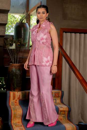Shop_Chambray & Co._Pink Silk Organza, Chanderi, Cotton V-neck Lucy Embroidered Blazer And Pant Set _Online_at_Aza_Fashions