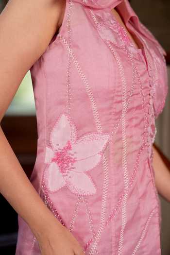 Chambray & Co._Pink Silk Organza, Chanderi, Cotton V-neck Lucy Embroidered Blazer And Pant Set _at_Aza_Fashions