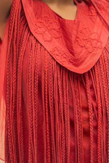 Buy Chambray & Co. Red Silk, Chanderi, Organza V-, Round Raha Tassel Cape And Pant Set Buy_Chambray & Co._Red Silk, Chanderi, Organza V-, Round Raha Tassel Cape And Pant Set