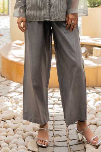 Chambray & Co._Grey Silk, Organza, Chanderi, Sky Patchwork Embroidered Shirt And Pant Set _Online_at_Aza_Fashions