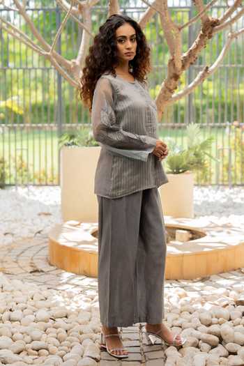 Buy_Chambray & Co._Grey Silk, Organza, Chanderi, Sky Patchwork Embroidered Shirt And Pant Set _Online_at_Aza_Fashions