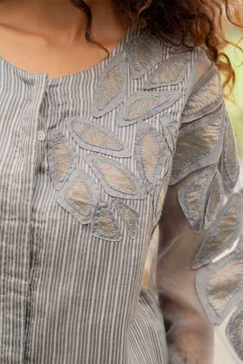 Buy_Chambray & Co._Grey Silk, Organza, Chanderi, Sky Patchwork Embroidered Shirt And Pant Set 