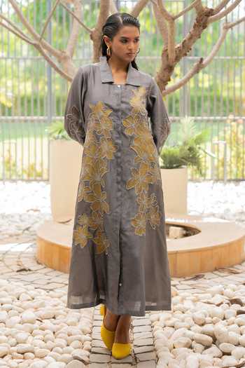 Shop Chambray & Co. Grey , Cotton, , Meher Embroidered Shirt Dress Set Online at Aza Fashions Shop_Chambray & Co._Grey , Cotton, , Meher Embroidered Shirt Dress Set _Online_at_Aza_Fashions