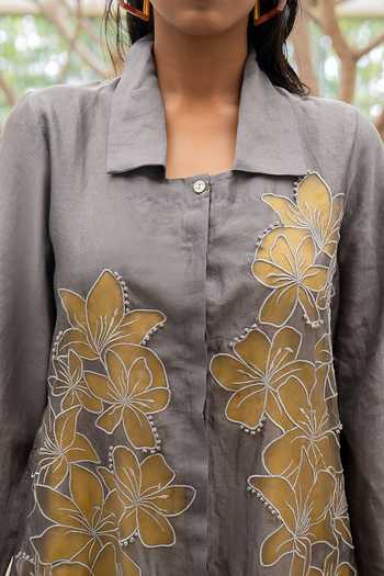 Chambray & Co. Grey , Cotton, , Meher Embroidered Shirt Dress Set at Aza Fashions Chambray & Co._Grey , Cotton, , Meher Embroidered Shirt Dress Set _at_Aza_Fashions