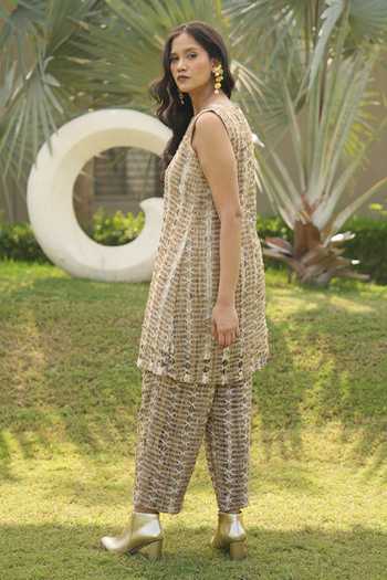 Chambray & Co._Beige Silk, Cotton, Tussar Round Neck Uma Embroidered Kurta And Pant Co Ord Set _Online_at_Aza_Fashions