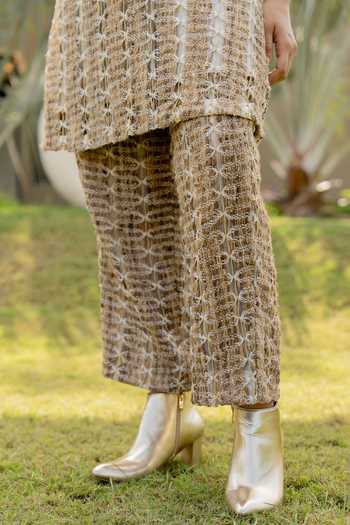 Buy_Chambray & Co._Beige Silk, Cotton, Tussar Round Neck Uma Embroidered Kurta And Pant Co Ord Set _Online_at_Aza_Fashions