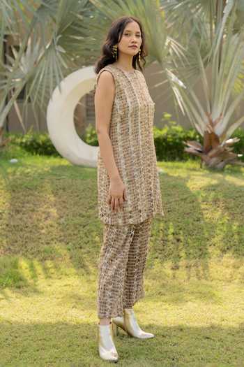 Shop_Chambray & Co._Beige Silk, Cotton, Tussar Round Neck Uma Embroidered Kurta And Pant Co Ord Set _Online_at_Aza_Fashions