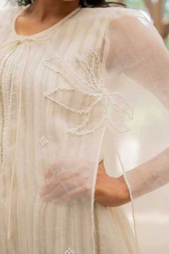Chambray & Co._Ivory Cotton, Linen, Silk Organza Round Neck Tia Tassel Cape And Dress Set _Online_at_Aza_Fashions
