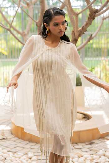 Buy_Chambray & Co._Ivory Cotton, Linen, Silk Organza Round Neck Tia Tassel Cape And Dress Set _Online_at_Aza_Fashions
