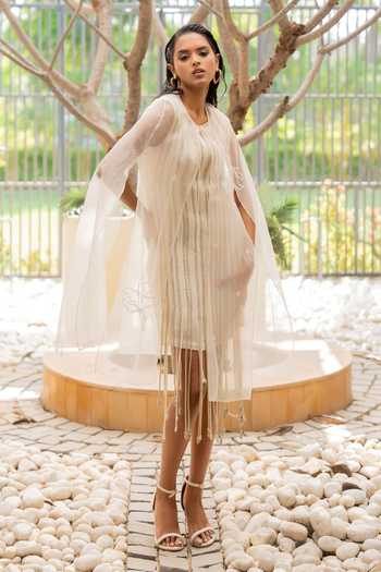 Shop_Chambray & Co._Ivory Cotton, Linen, Silk Organza Round Neck Tia Tassel Cape And Dress Set _Online_at_Aza_Fashions