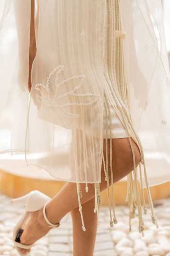 Chambray & Co._Ivory Cotton, Linen, Silk Organza Round Neck Tia Tassel Cape And Dress Set _at_Aza_Fashions