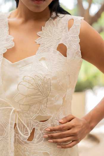 Shop Chambray & Co. Ivory Linen, Chanderi , Organza Cut Ivy Cutwork Overlay And Pant Set Online at Aza Fashions Shop_Chambray & Co._Ivory Linen, Chanderi , Organza Cut Ivy Cutwork Overlay And Pant Set _Online_at_Aza_Fashions